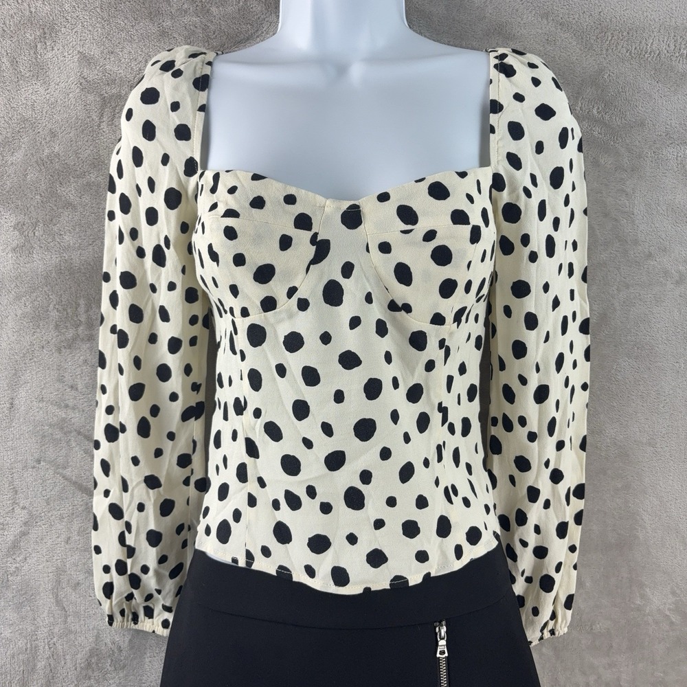 Reformation Reign Top Womens Size 2 Cream Black Polka Dot Long Sleeve Sweetheart
